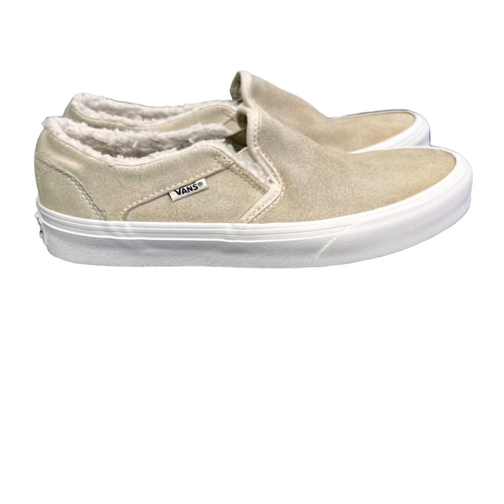 Vans Cozy Asher Slip On Sneaker Suede size 7 Beige Turtle Dove Faux Fur Women